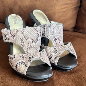 Slip-On Snake-Print Wedge Mules in Beige